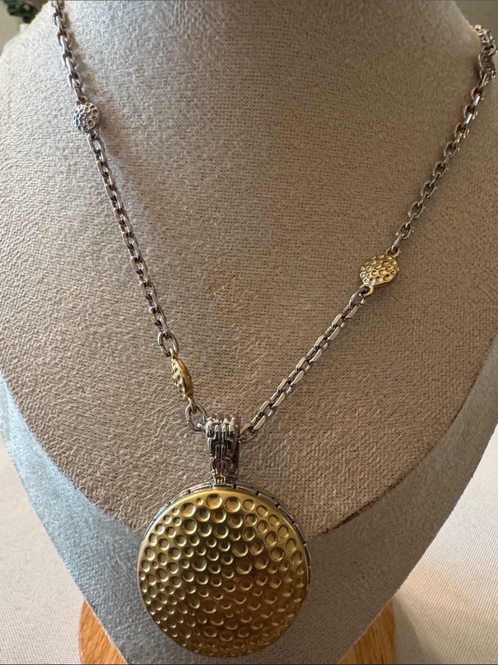 Two-Tone Gold and Silver Textured Disc Pendant Necklace